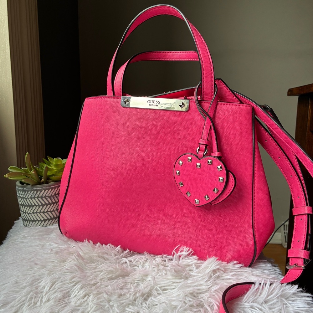 GUESS Pink Saffiano Leather Satchel with Heart Charm